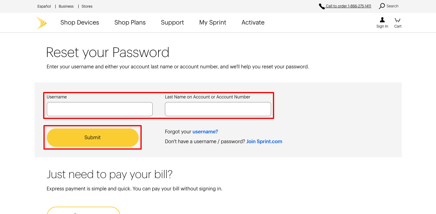 sprint forgot password